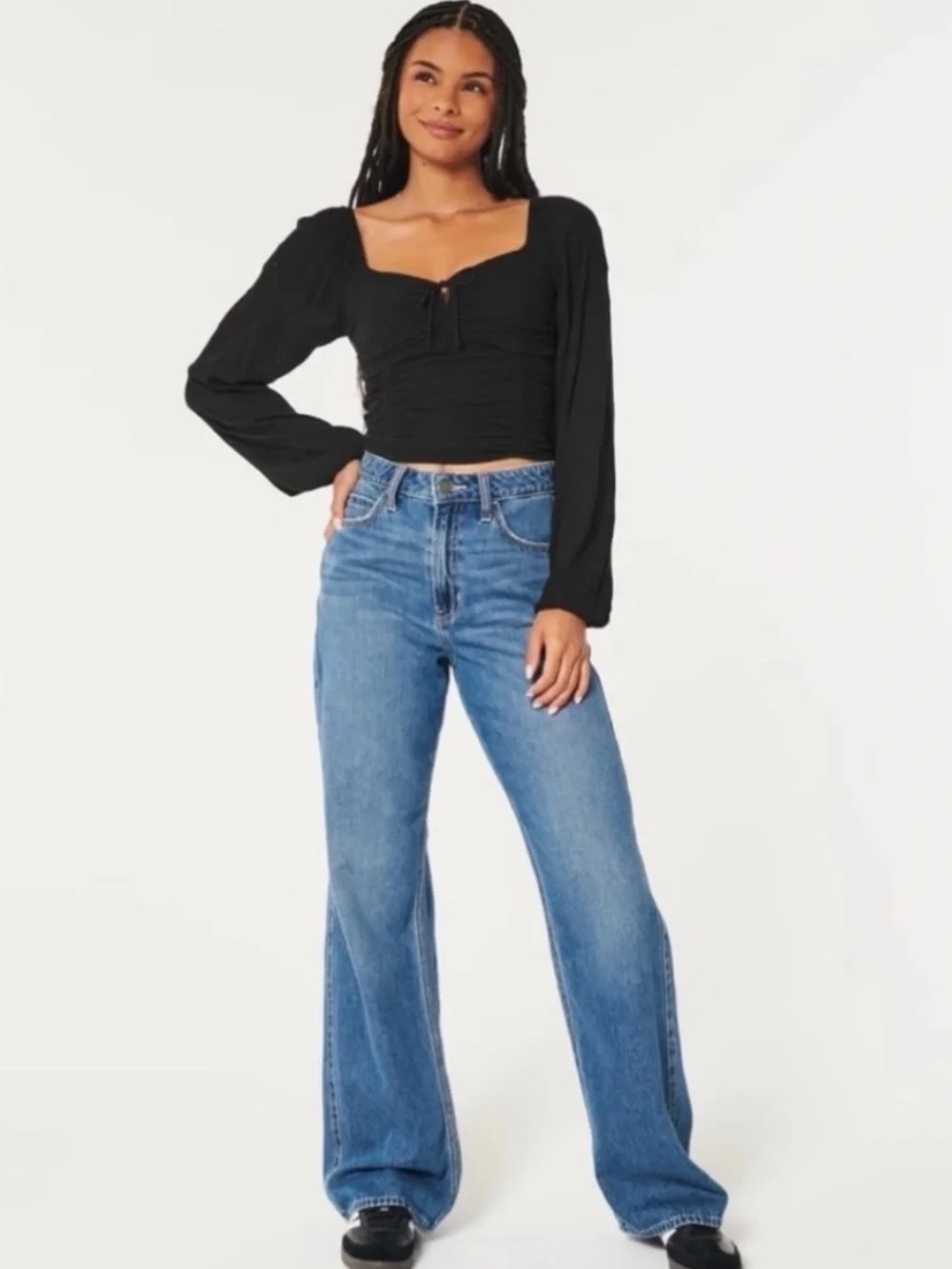 Hollister Black Smocked Long Sleeve Crop Top
